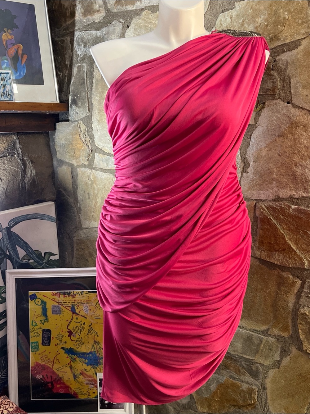 Ruched One-Shoulder Cocktail Dress in Fuchsia